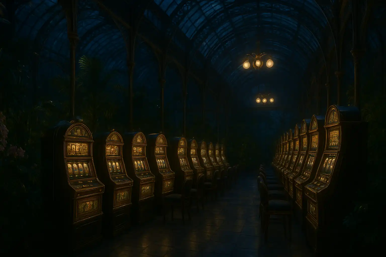 Victorian glass greenhouse filled with elegant slot machines and exotic plants at TweedBet Casino