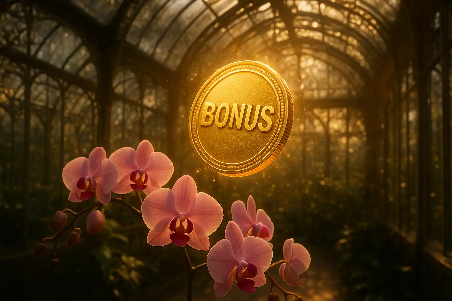 Glowing bonus token surrounded by orchids inside the TweedBet greenhouse