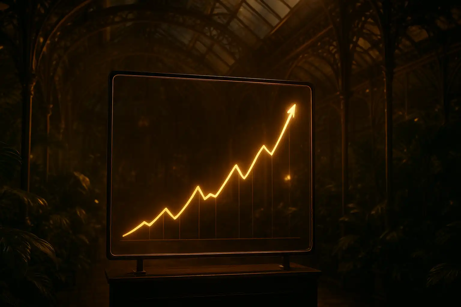 A rising multiplier curve displayed on a glass panel inside the TweedBet greenhouse