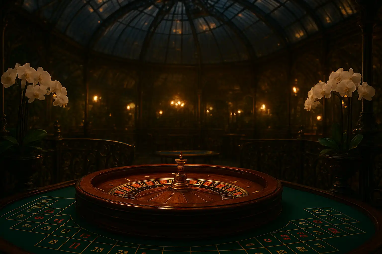 An ornate roulette wheel set among wrought iron railings and orchids at TweedBet Casino