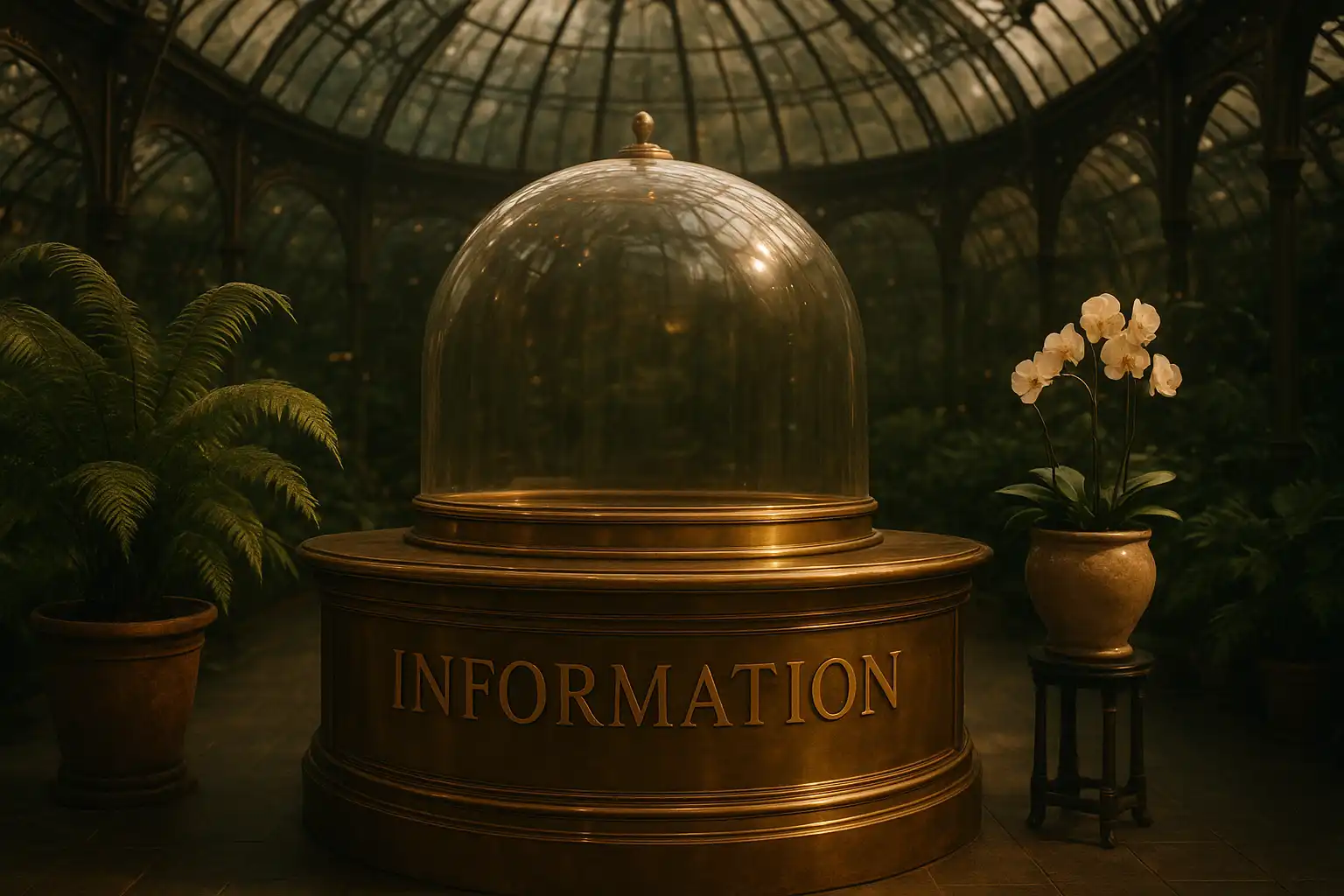 A brass information desk beneath a glass dome inside the TweedBet Casino greenhouse
